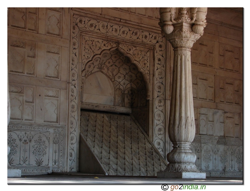 A marble pillar and water fountain inside Lal Killa or Red Fort