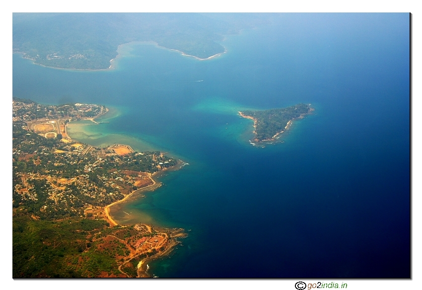 Andaman islands aerial view of Corbyns cove beach and Ross island