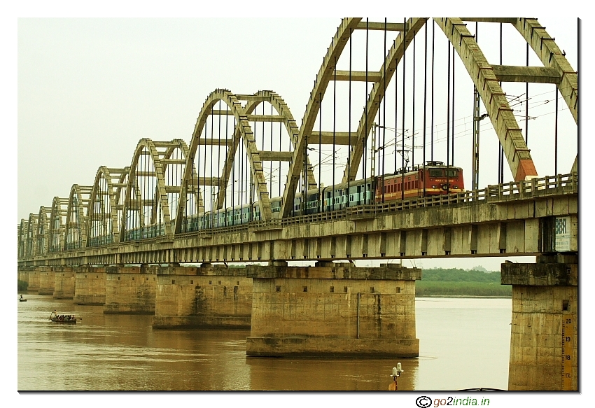 Train passing over  the bridge  on river Godavari at Rajahmundry