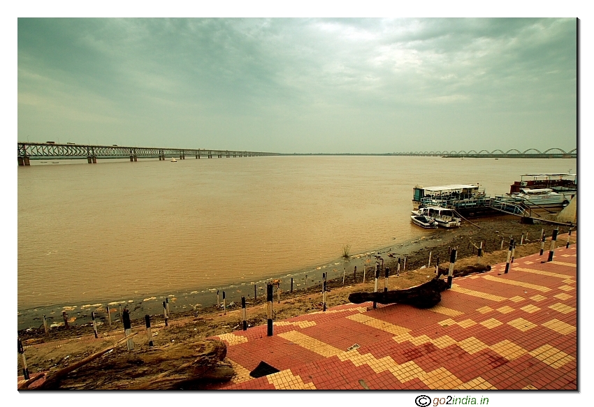 Boats in between to bridges on river Godavari at Rajahmundry Andhrapradesh