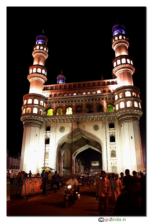 Charminar at Hyderabad night view with light glow
