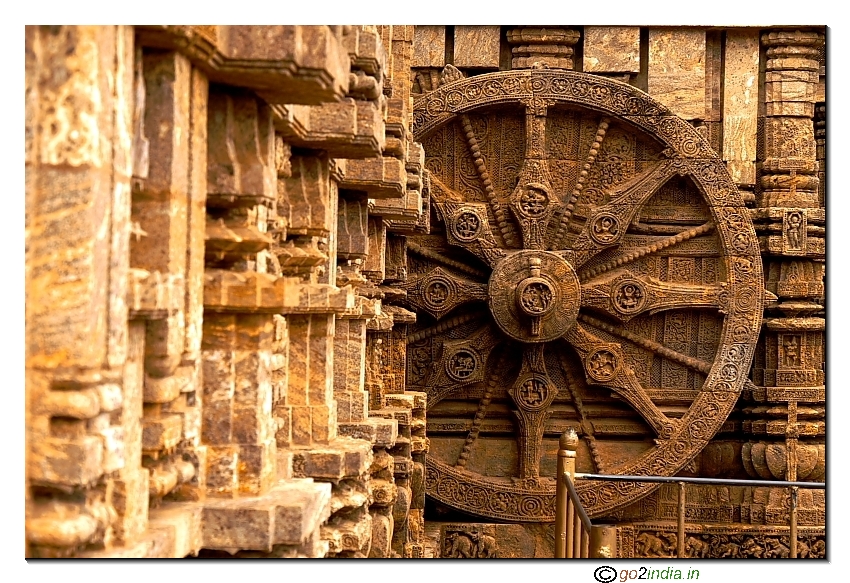Partial view of wheel with out of focus front wall at Konark Sun temple