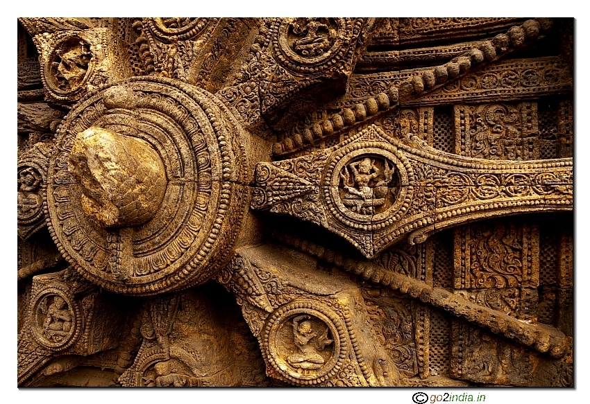 Konark Sun temple wheel close up with clear view of sculptures