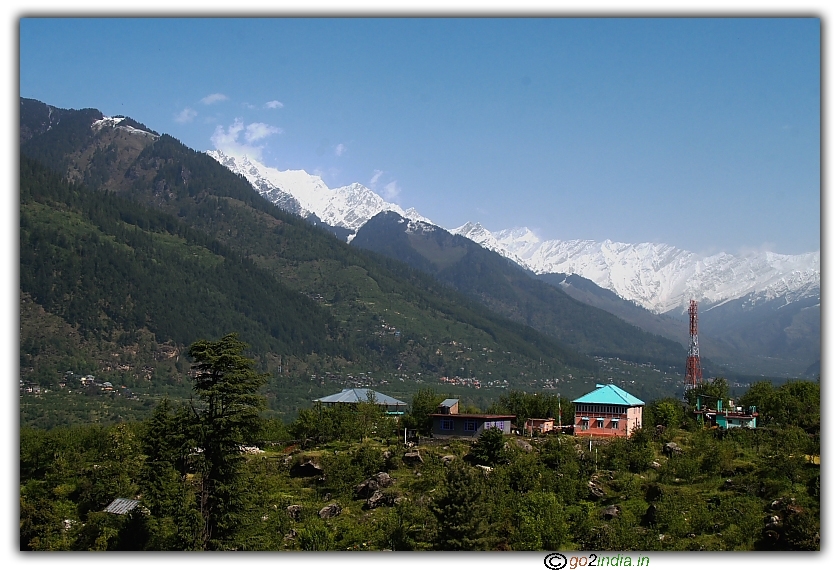 Kakhnal valley view with ice covered peaks at back ground in Manali