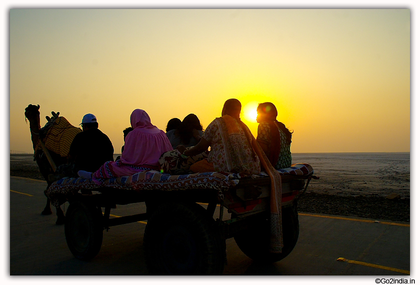 Camel cart carrying tourist during sunset time at Rann of Kutch 