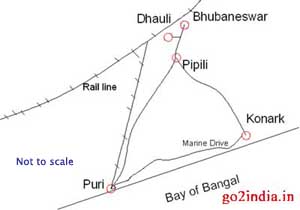 Konark Puri Bhubaneswar connecting road & rail map