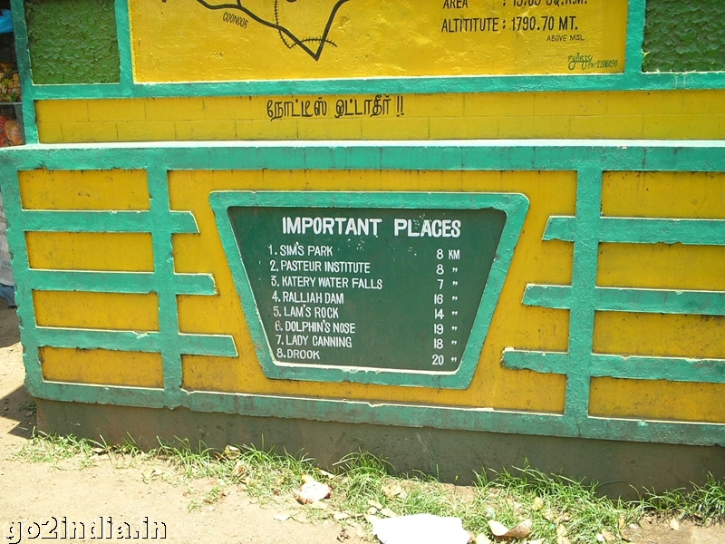 Distance chart at Coonoor