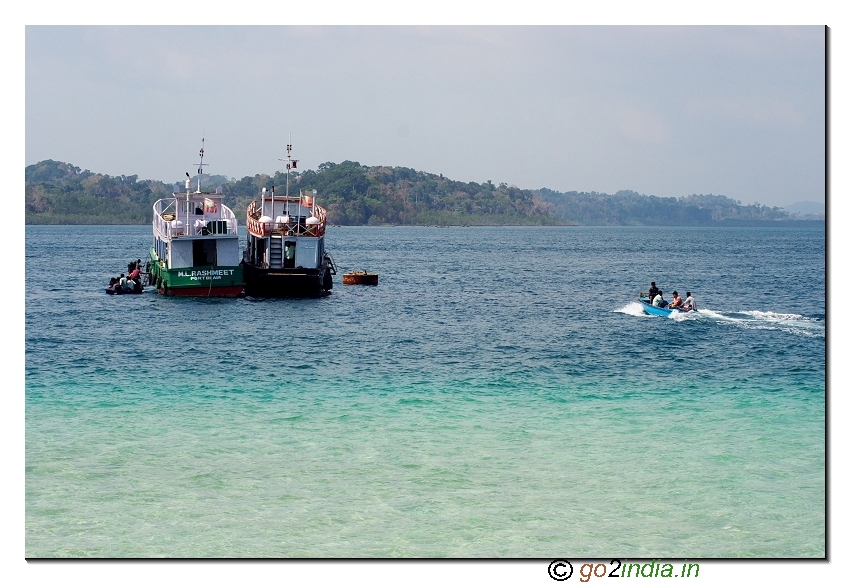 Ship for Jolly buoy journey from Wandoor beach at Andaman