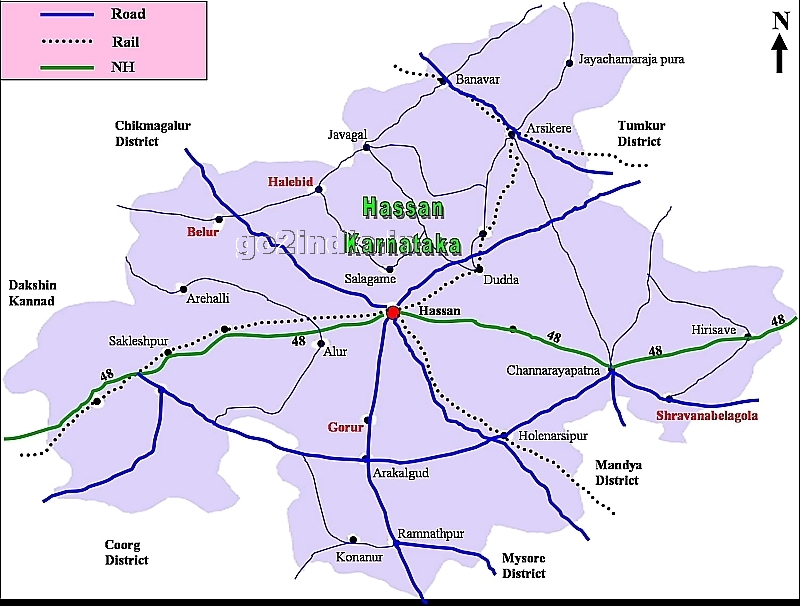 Hassan district map for important visiting places in Karnataka state of India
