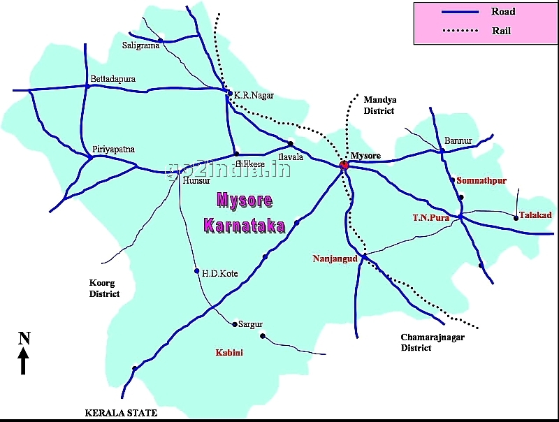 Mysore district map for important visiting places in Karnataka state of India