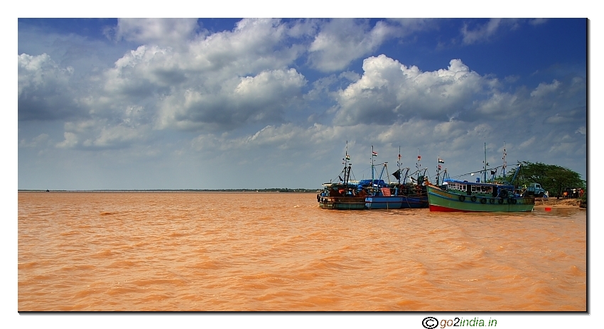 Boats at Antarvedi to reach island in river Godavari