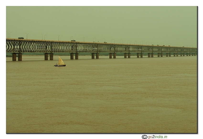 Boat in Godavari river near  Rajahmundry rail and road bridge