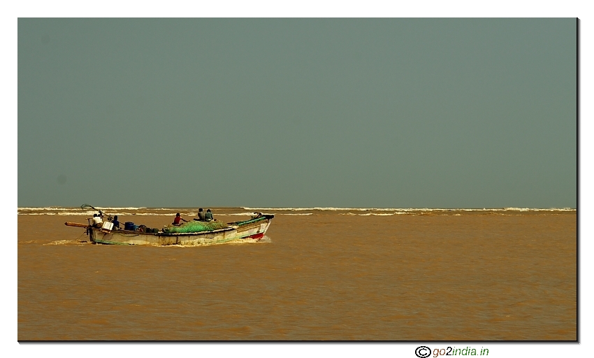 Fishermen entering sea at Vasishta Godavari of Antarvedi in Andhrapradesh