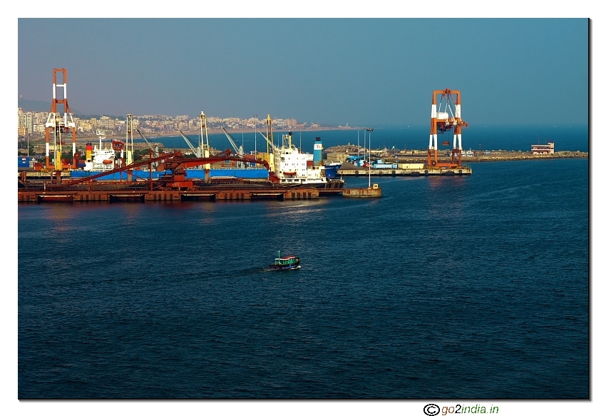 Ship unloading view from Sagara Kanaka durga temple top Visakhapatnam