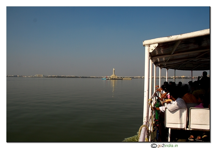 Approaching Buddha Statue by boat at Hyderabad  
