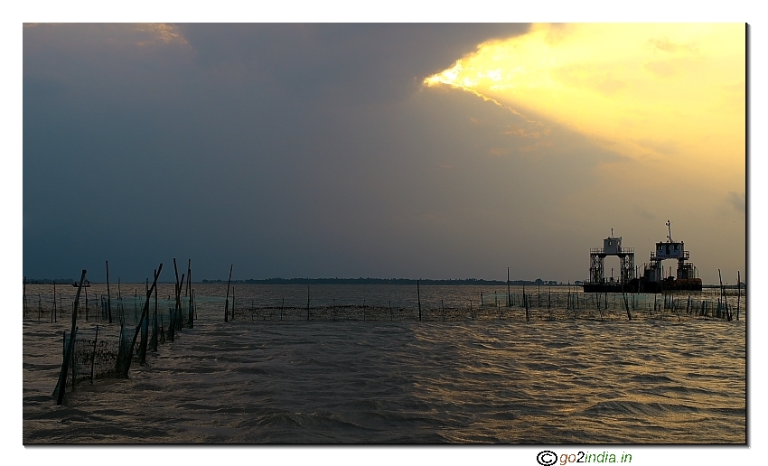 Satapada Chilika lake sunset view at sea while motor boat riding