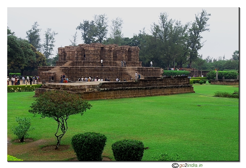 Konark Sun temple front side view with green lawn