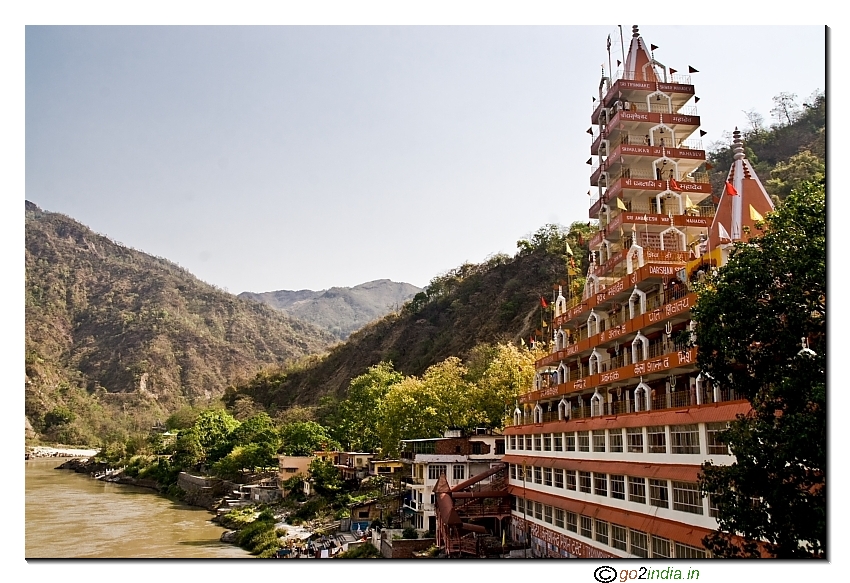 view of Ganga and temples from Laxman Jhula hanging bridge