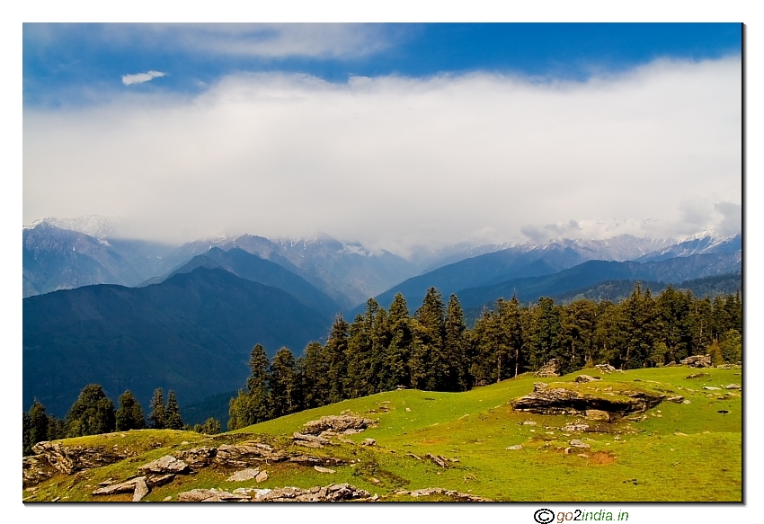 Green grass and snow mountains near Lahusa camp 