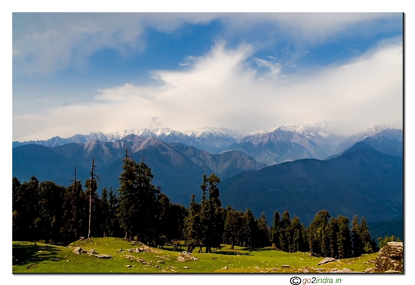 Green grass and snow mountains at Lahusa