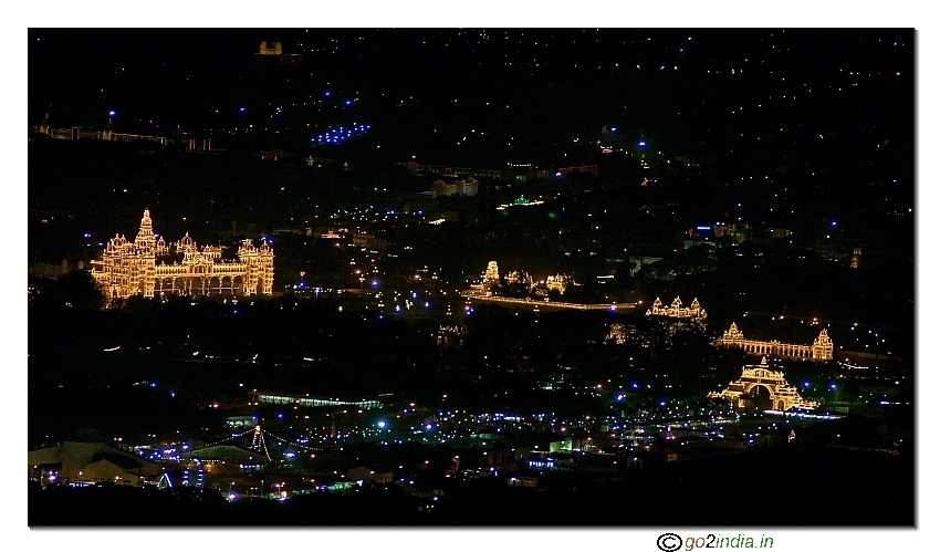 showing exhibition grounds and Mysore palace during night with lighting