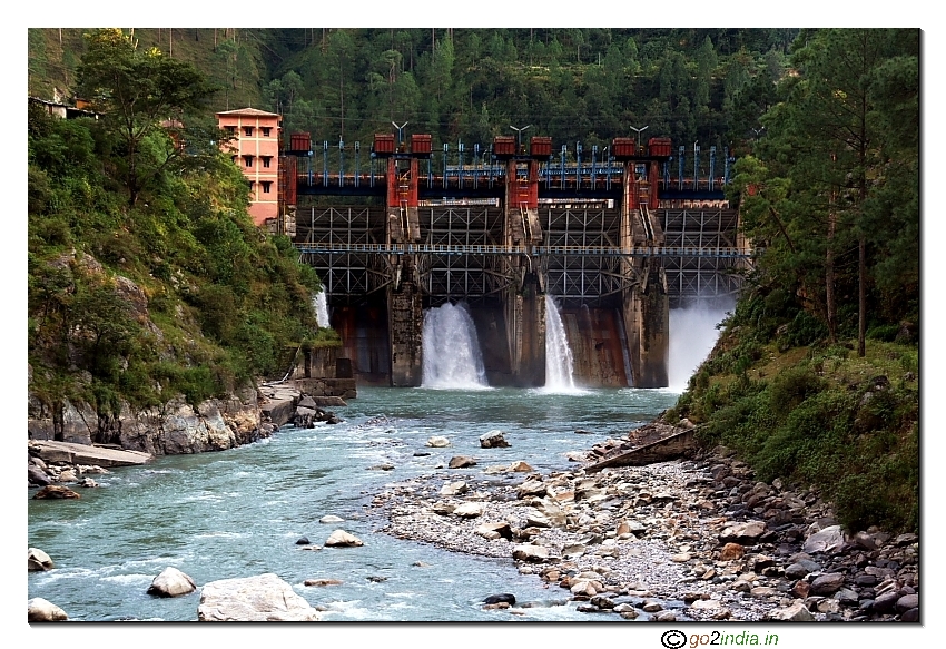 Water comes out of a small Dam in Bhagirathi river near Uttarkashi