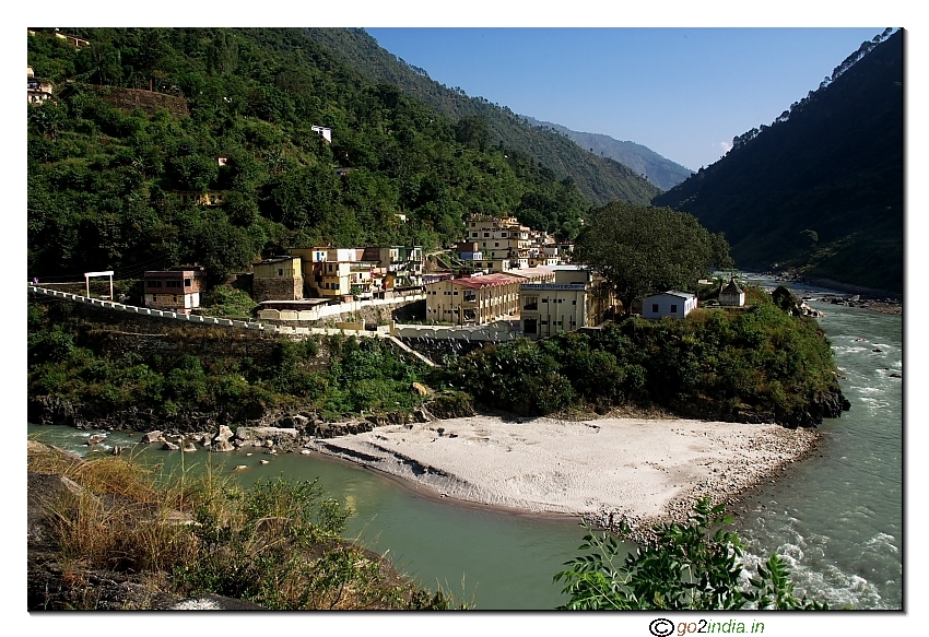 Prayag or confluence of Alaknanda and Pindar river at Karanprayag