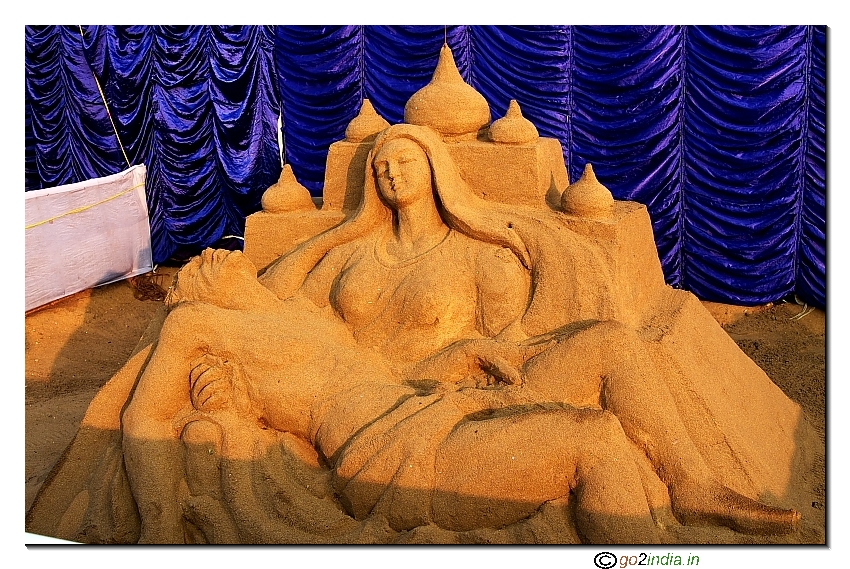 Sand art in morning light at Puri sea beach 