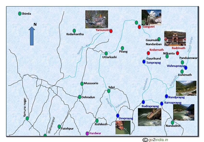 Map showing major tourism visiting places in Uttarkhand