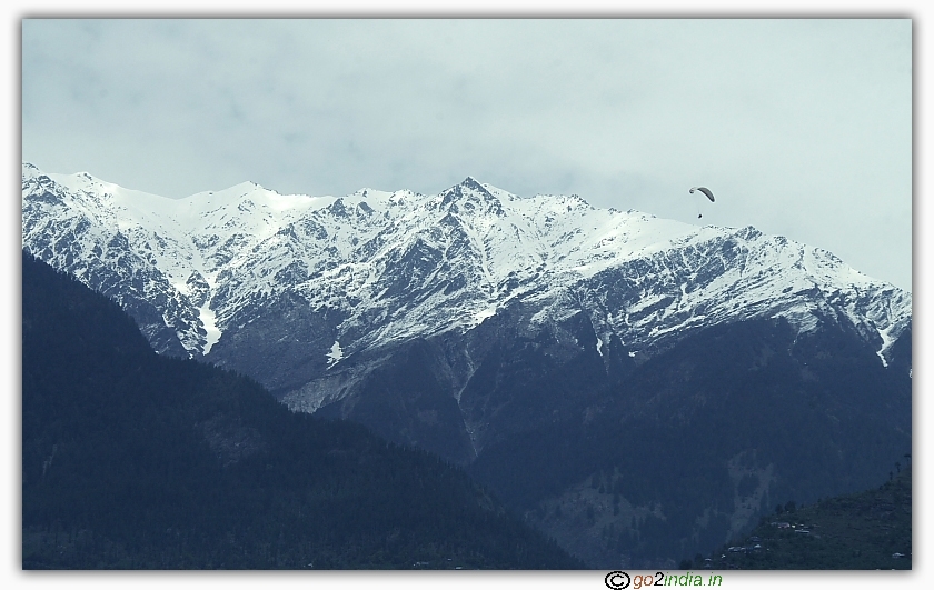 Paragliding over valleys near Naggar of Kullu Manali in Himachal pradesh