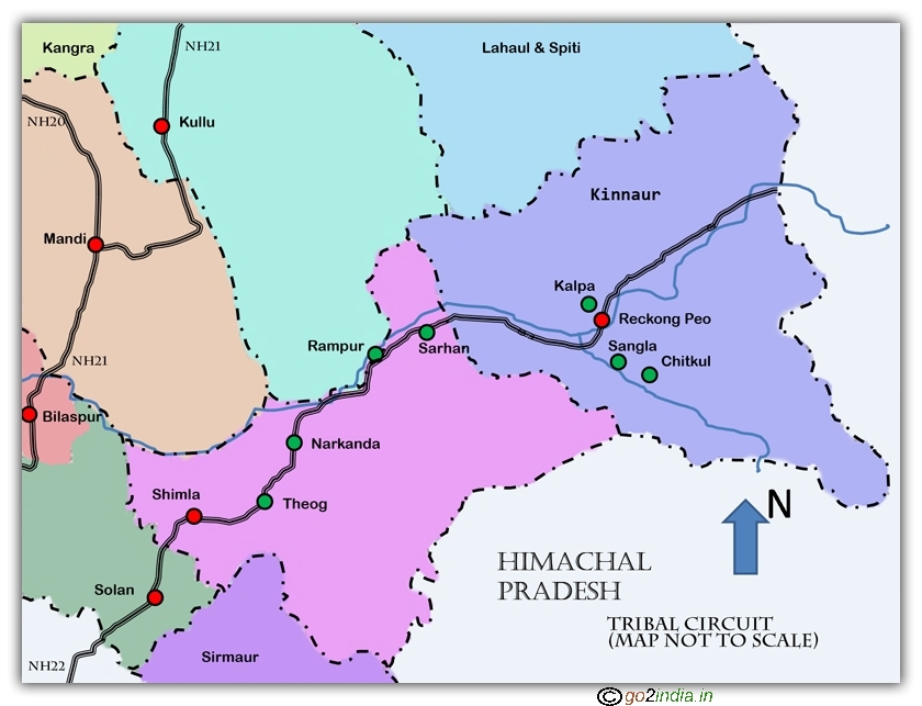 Shimla and Kinnaur Tribal circuit map