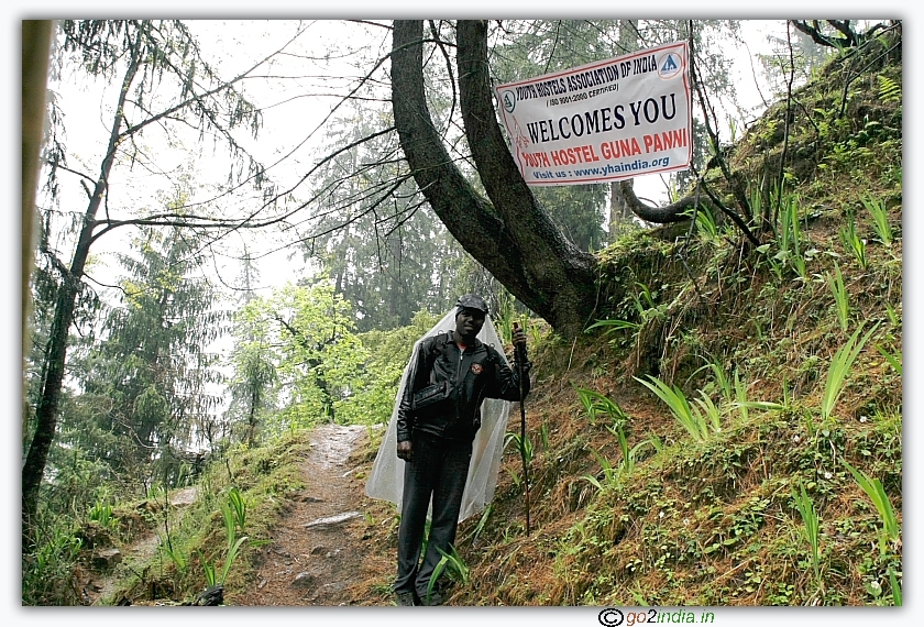 Himalayan YHAI Sarpass trekking Guna pani camp site welcome banner
