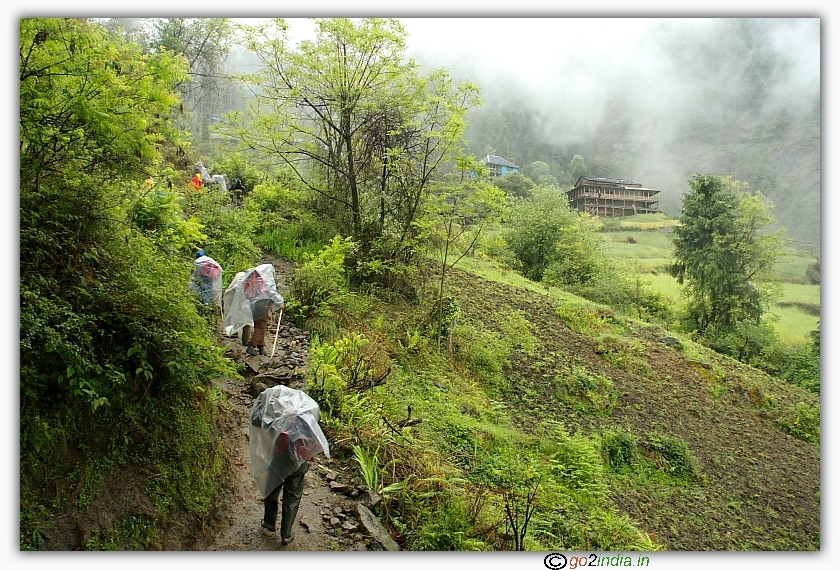 Difficult trekking at Himalayan mountains during rainy season
