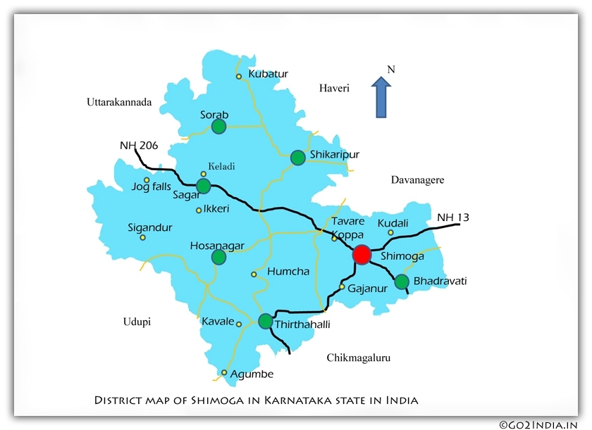 Shimoga district map showing important visiting places