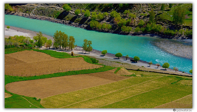Chandra Bhaga river beside crops on the way to Udaipur