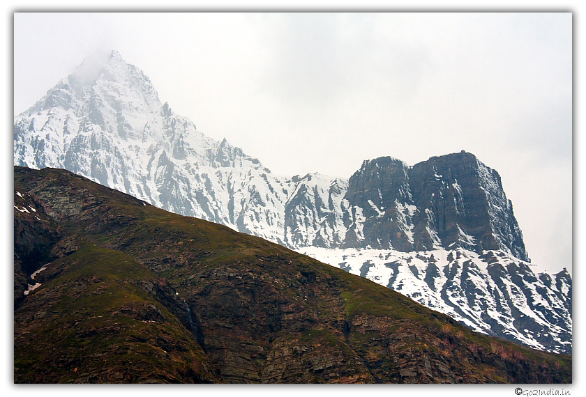 Huge ice covered Himalayan peaks on the way to Keylong from Manali