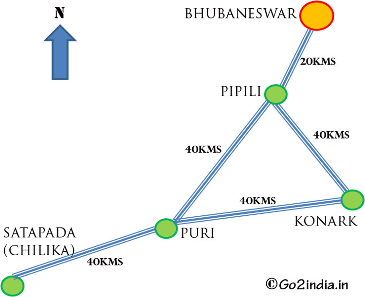 Map showing route for Puri Konark and Chilika from Bhubaneswar