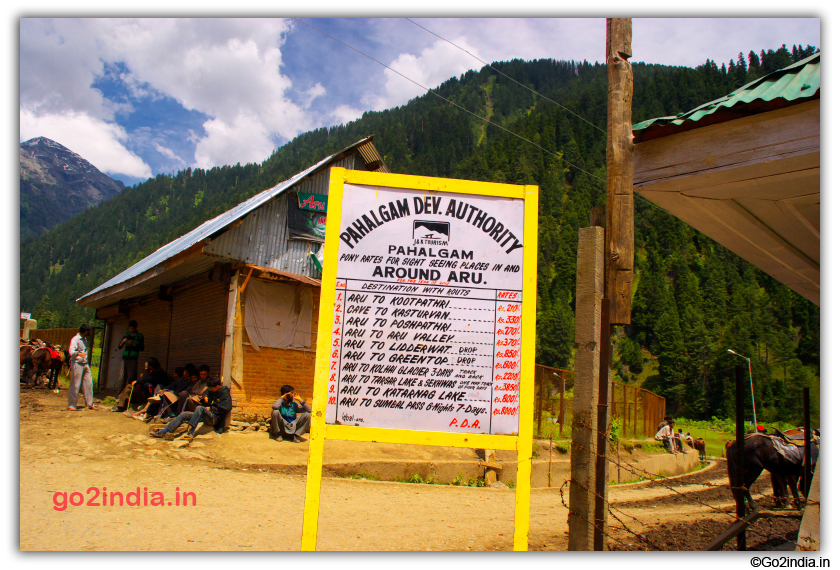 Horse ride rate chart displayed at Aru valley