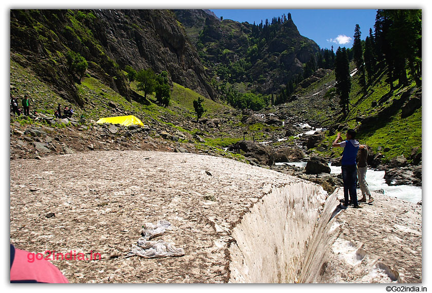 Tourist enjoying ice at Chandanwari near Pahalgam