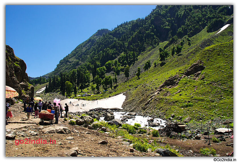 Tourist enjoying at Chandanwari by the side of river and ice