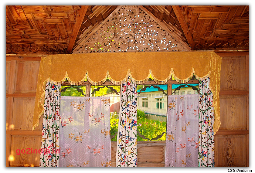 decorative window curtains inside Houseboat at Srinagar