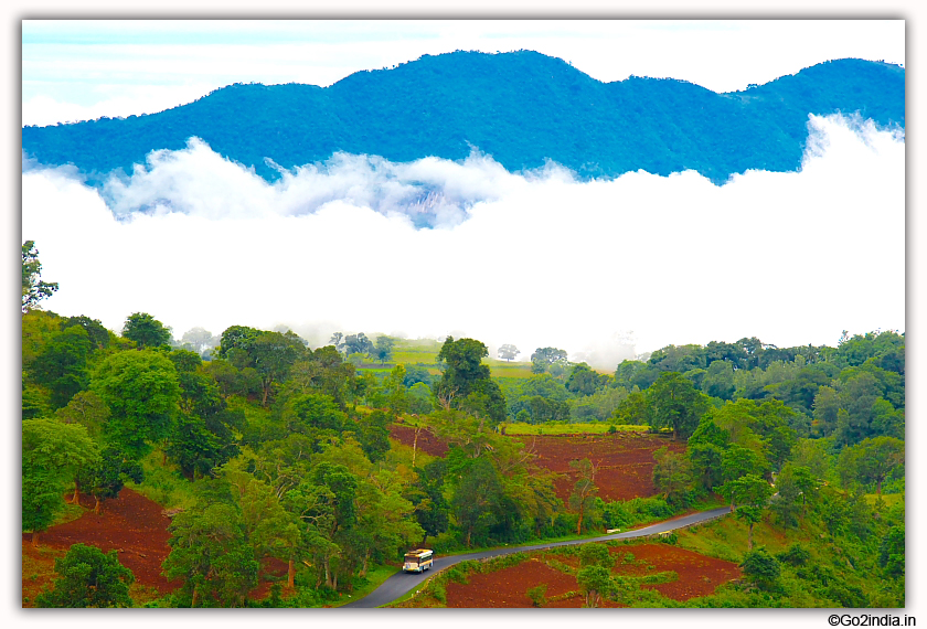 Bus travelling near Borra caves during rainy season