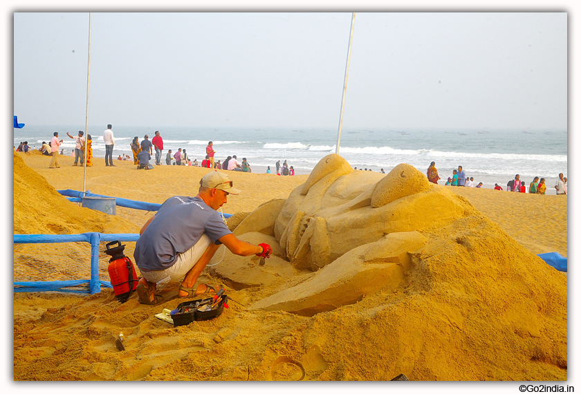 International artists at Sand Art Festival at Chandrabhaga Beach near Konark